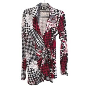 Max &‎ Rina Women's Wrap Top Long Sleeve Houndstooth Print Red Black White Small